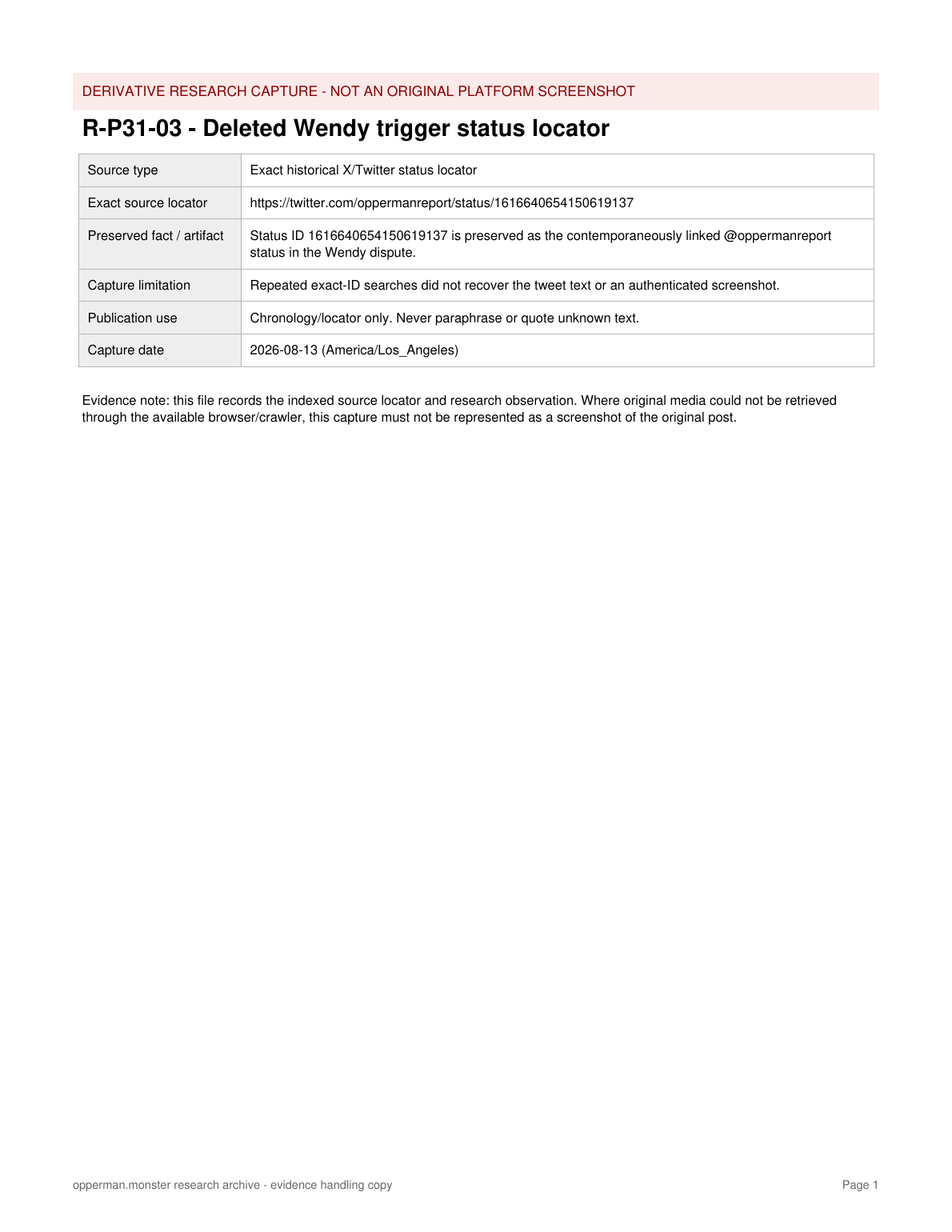 Derivative research capture documenting the deleted X status locator