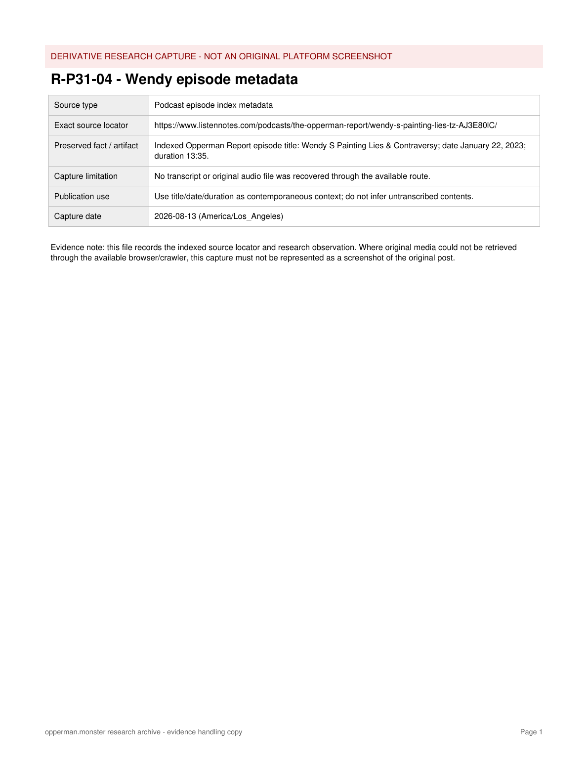 Derivative research capture documenting Wendy episode metadata